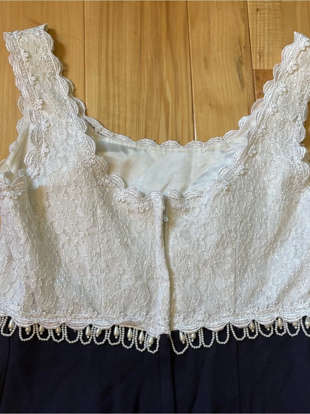 Vintage 90’s Loralie Original White Lace Bust Pearl Embellished Blue Maxi Dress